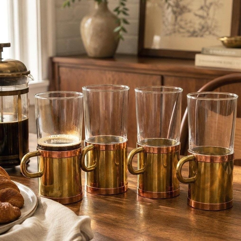 Vintage Beucler Brass Copper Irish Coffee Mugs Set of‎ 4 Glass Insert MCM Bar